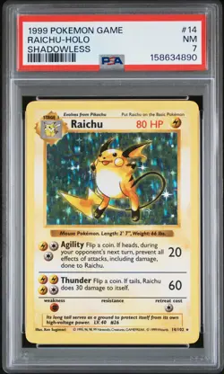 1999 POKEMON BASE SET SHADOWLESS #14 RAICHU-HOLO PSA 7 - Image 1