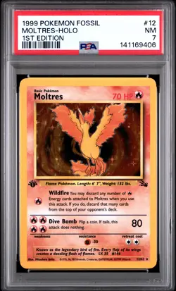 1999 Pokemon Fossil 1st Edition 12 Moltres PSA 7 141169406 - Image 1