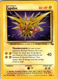 Zapdos 30/62 Rare Fossil Pokemon Damaged - Image 1