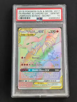 2019 POKEMON SUN & MOON UNBROKEN BONDS FULL ART/RESHIRAM & CHARIZARD GX PSA 10 - Image 1