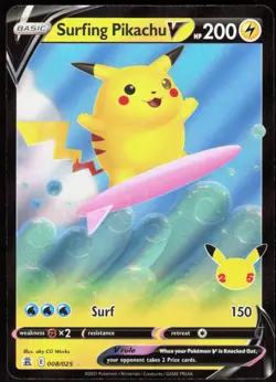 Surfing Pikachu V 008/025 Holo V Rare Celebrations Pokemon Holo Near Mint - Image 1