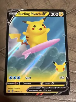 Pokemon Surfing Pikachu V Ultra Rare Full Art Holo 008/025 Celebrations TCG - Image 1