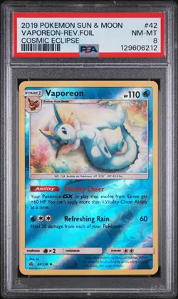 2019 POKEMON SUN & MOON COSMIC ECLIPSE #42 VAPOREON-REVERSE FOIL PSA 8 - Image 1