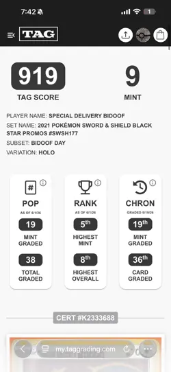 Pokemon - Special Delivery Bidoof SWSH177 Promo Holo - TAG 9, SCORE 919 low pop - Image 2