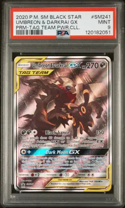 2020 POKEMON SM BLACK STAR PROMO #SM241 UMBREON & DARKRAI GX PSA 9 - Image 1