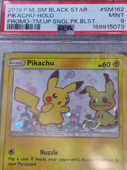 ☠☠ Pokemon PSA 9 Pikachu SM162 Sm Holo Team Up Blister Promo Mew Tail HD Swirl - Image 1