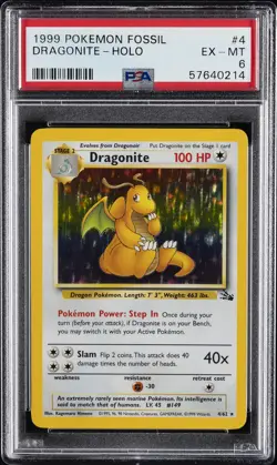 1999 POKEMON FOSSIL #4 DRAGONITE-HOLO PSA 6 - Image 1