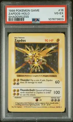 10XX Cert - PSA 4 - Zapdos Holo( Shadowless) 16 1999 Vintage Pokemon - Image 1