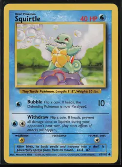 Squirtle 63/102 Common Base Set Unlimited Pokemon Near Mint - Image 1