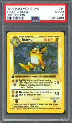 Pokemon Base Set 1st Edition Shadowless Raichu 14/102 PSA 2 - Image 1