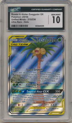 2019 Pokemon Unified Minds Rowlet & Alolan Exeggutor GX Alt Art #215 CGC 10 - Image 1