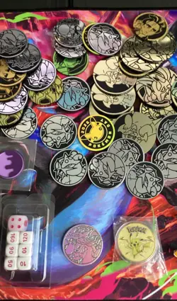 Dragonite Cards Sleeves, Pokemon Metal And Plastic Coins, Dice, Pikachu & Pins - Image 3