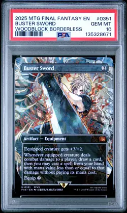 2025 MTG FINAL FANTASY WOODBLOCK BORDERLESS #0351 BUSTER SWORD PSA 10 - Image 1