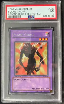 2002 Yugioh Legend of Blue Eyes LOB 029 Flame Ghost 1st Edition PSA 7 - Image 1