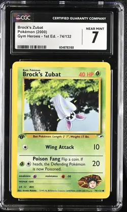 Brock's Zubat 74/132 Gym Heroes - 1st Ed. Pokemon CGC 7 Near Mint - Image 1