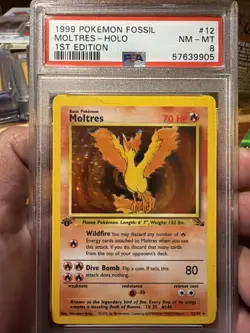 1999 Pokemon Fossil Moltres Holo 1st Edition #12 PSA 8 - Image 1