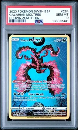 2023 POKEMON SWSH BLACK STAR PROMO CROWN ZENITH TIN #284 GALARIAN MOLTRES PSA 10 - Image 1