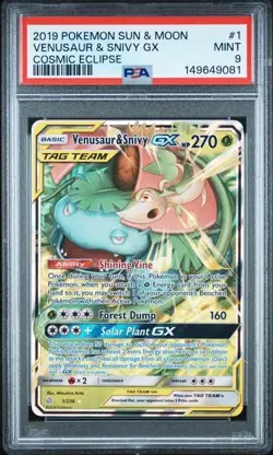 PSA 9 VENUSAUR & SNIVY GX 1 COSMIC ECLIPSE SUN & MOON TAG TEAM POKEMON MINT - Image 1