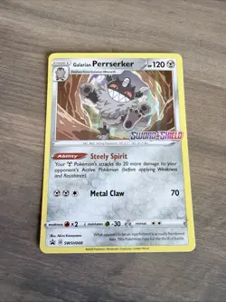 Galarian Perrserker SWSH008 Promo SWSH Black Star Pokemon Sword Shield Stamp - Image 1