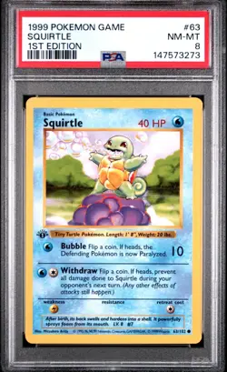 1999 Pokemon 1st Edition Base Set Shadowless Squirtle #63 PSA 8 NM-MT Vintage - Image 1