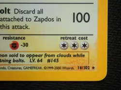 ZAPDOS 16/102 HOLO RARE - POKEMON BASE SET 4TH PRINT 1999-2000 UK EDITION - Image 5