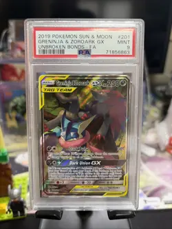 Pokemon 2019 SM-Unbroken Bonds Greninja & Zoroark GX Full Art Holo #201 PSA 9 - Image 1