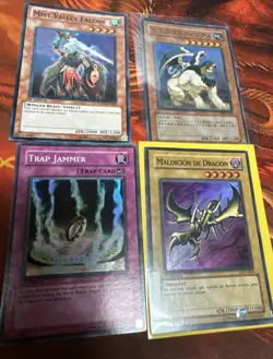 4 Super Rare Holo Yugioh Cards (curse Of Dragon, Trap Jammer, Falcon, Sphinx - Image 1