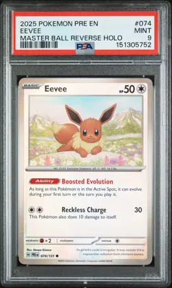 2025 POKEMON PRE EN-PRISMATIC EVOLUTIONS MASTER BALL REVERSE HOLO EEVEE PSA 9 - Image 1