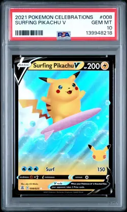 2021 POKEMON CELEBRATIONS #008 SURFING PIKACHU V PSA 10 - Image 1