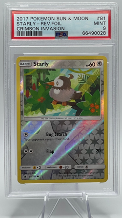 2017 POKEMON SUN & MOON CRIMSON INVASION #81 STARLY-REVERSE FOIL PSA 9 MINT - Image 1