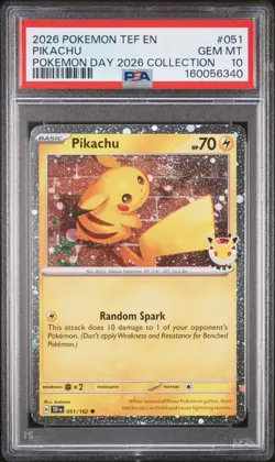 POKEMON TEMPORAL FORCES COSMOS 051 PIKACHU POKEMON DAY 2026 PSA 10, MANY SWIRLS! - Image 1