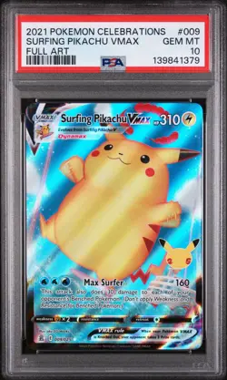 2021 Pokemon Celebrations Surfing Pikachu VMax Full Art 009/025 PSA 10 Gem Mint - Image 1