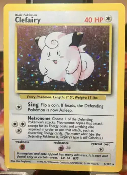 Clefairy 5/102 Pokemon TCG Base Set Holo Foil Rare Card Lightly Played LP - Image 1