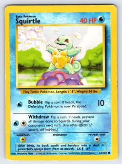 Squirtle 63/102 1999 Base Set Unlimited Pokemon Card Vintage WOTC Common - Mp - Image 1