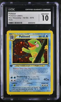 CGC 10 GEM MINT Politoed Neo Discovery 1st Edition 8/75 Holo Pokemon Card - Image 1
