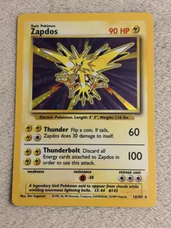 WotC Pokemon TCG Zapdos 016/102 Base Set Holo Rare English Basic 90 HP 1999 - Image 1