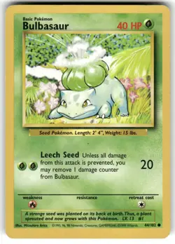 Bulbasaur 44/102 Base Set Unlimited 1999 Pokemon HP - Image 1
