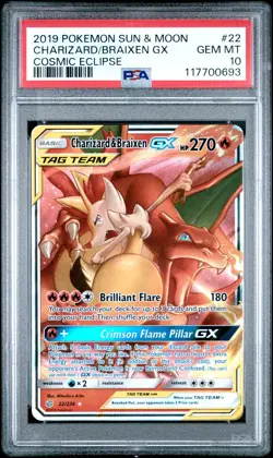 2019 POKEMON SUN & MOON COSMIC ECLIPSE #22 CHARIZARD & BRAIXEN GX PSA 10 - Image 1