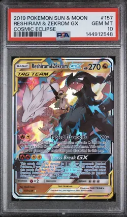2019 Pokemon Sun and Moon Reshiram and Zekrom GX Cosmic Eclipse 157/236 Psa 10 - Image 1