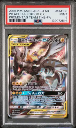 POKEMON PIKACHU & ZEKROM GX SM168 TAG TEAM TINS SM BLACK STAR PROMO 2019 PSA 9 - Image 1