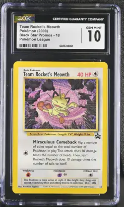 Team Rocket's Meowth #18 2000 Pokemon Black Star Promos CGC 10 POP 717 - Image 1
