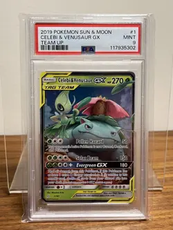 Celebi & Venusaur GX PSA 9 1/181 SM-Team Up 2019 TAG TEAM Ultra Rare Holo EN - Image 1