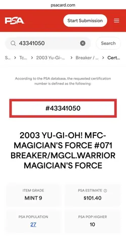 2003 YU-GI-OH! Breaker The Magical Warrior MFC-071 Ultra Rare PSA 9 Mint POP 27 - Image 3