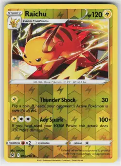 Raichu 053 Reverse Holo 196 R Lost Origin Pokemon Lightly Played - Image 1