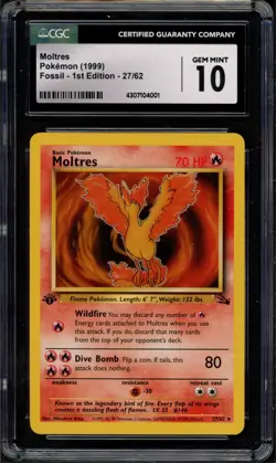Pokemon CGC 10 Gem Mint 1st Ed. Fossil Rare Moltres 27/62 - Image 1