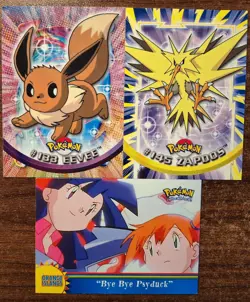 3 Pokemon Topps TV Series 3 Cards Zapdos, Eevee, and Bye Bye Psyduck - Image 1
