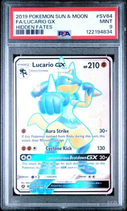 2019 POKEMON SUN & MOON HIDDEN FATES #SV64 FULL ART/LUCARIO GX PSA 9 - Image 1