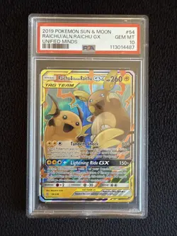 Pokemon TCG Unified Minds SM11 Raichu Alolan Raichu GX Card 54/236 PSA 10 Gem - Image 1