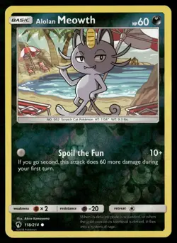 Pokemon Alolan Meowth Lost Thunder Reverse Holo 118/214 Common Near Mint - Image 1