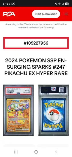 2024 Pokemon Surging Sparks Pikachu ex #247 Hyper Rare PSA GEM MINT 10 - Image 2